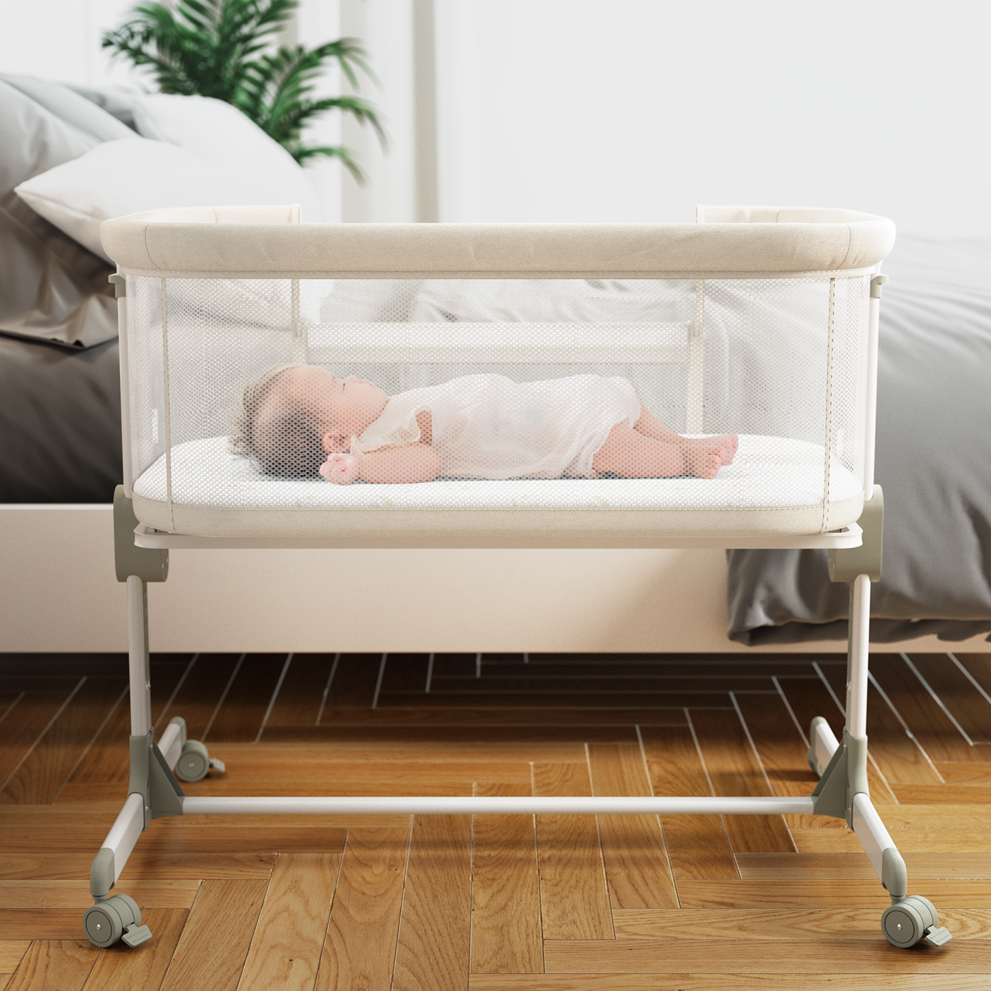 Fodoss Baby Bassinets Bedside Sleeper - All Mesh Bedside Bassinet with Wheels, 7 Height Adjustable Baby Bassinet for Infants, Beige