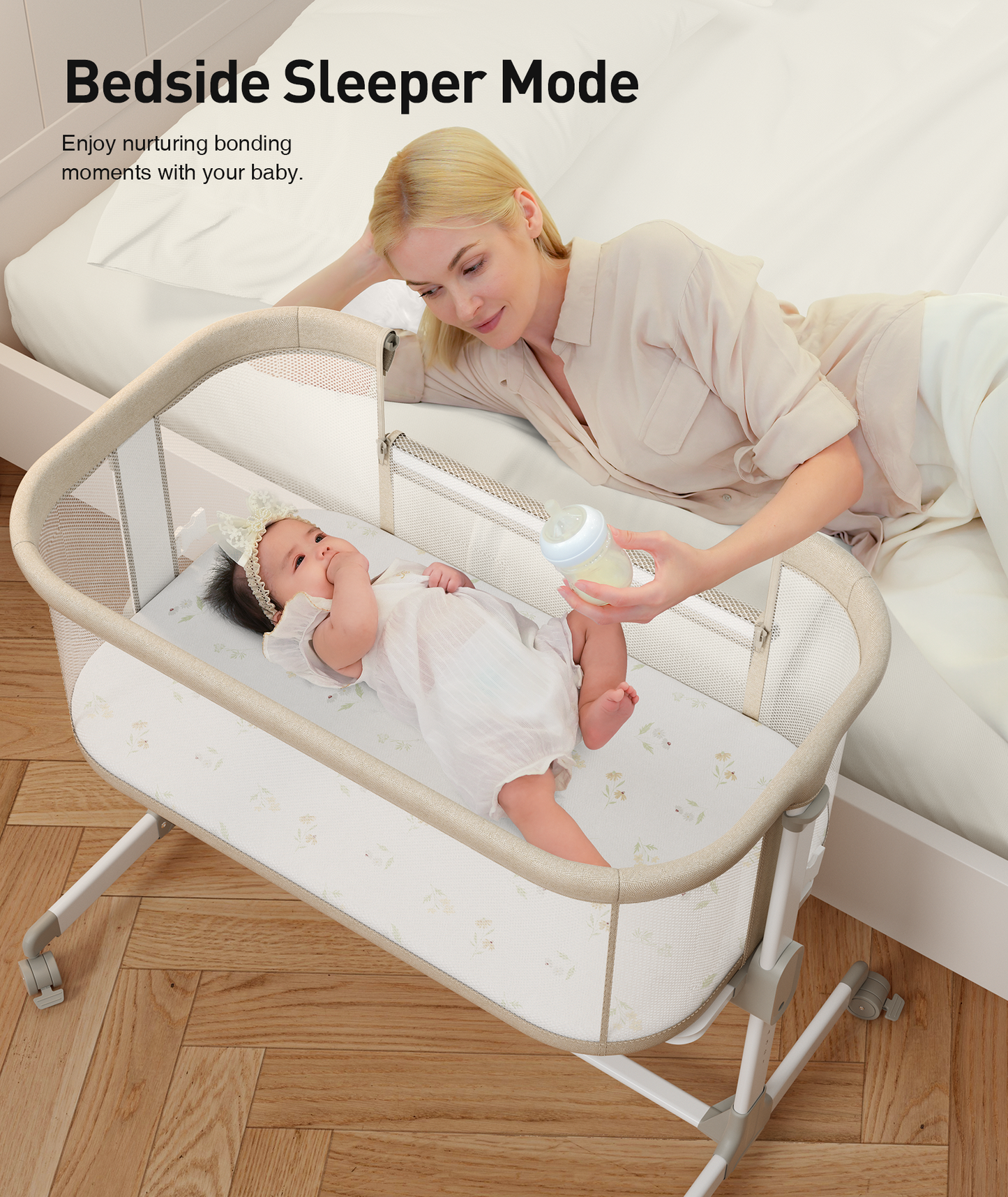 Fodoss Baby Bassinets Bedside Sleeper - All Mesh Bedside Bassinet with Wheels, 7 Height Adjustable Baby Bassinet for Infants, Beige