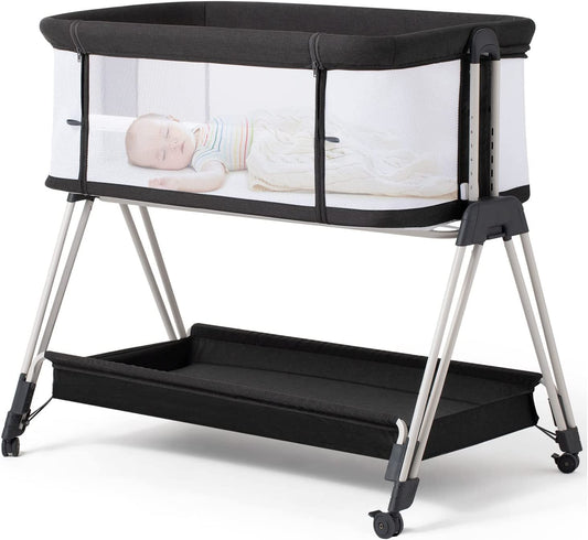 Fodoss Baby Bassinet Bedside Sleeper with Wheels and Storage Tray,4-Sided Mesh Bedside Bassinet for Infant/Newborn,7 Height Adjustable Easy Folding Bedside Crib